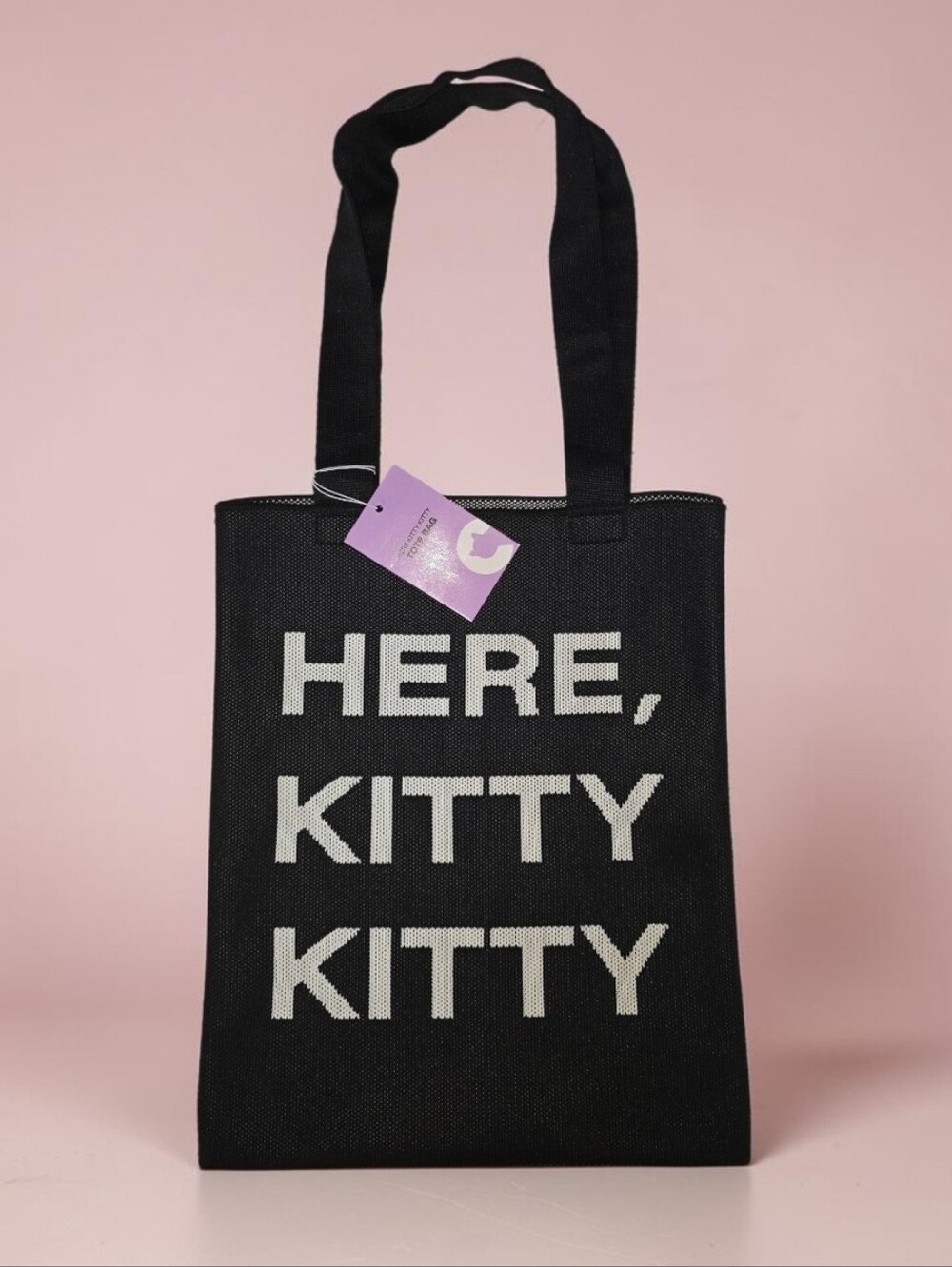Cat Lady brand HERE KITTY KITTY Double Sided Black Woven Flat Tote bag NWT